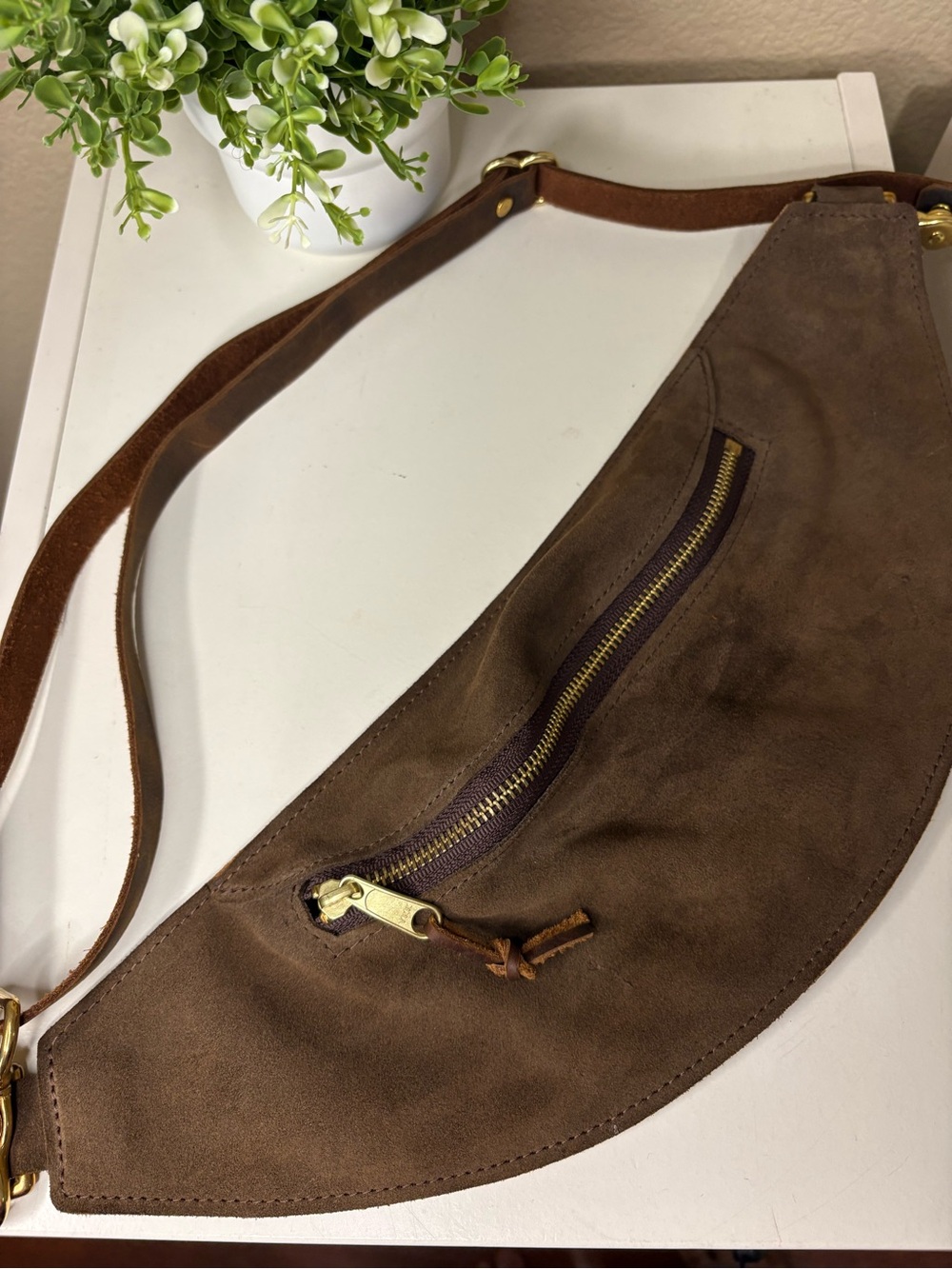 Rellebee Handmade Leather & Suede Crescent Sling Fanny  Bag Brown Artisan